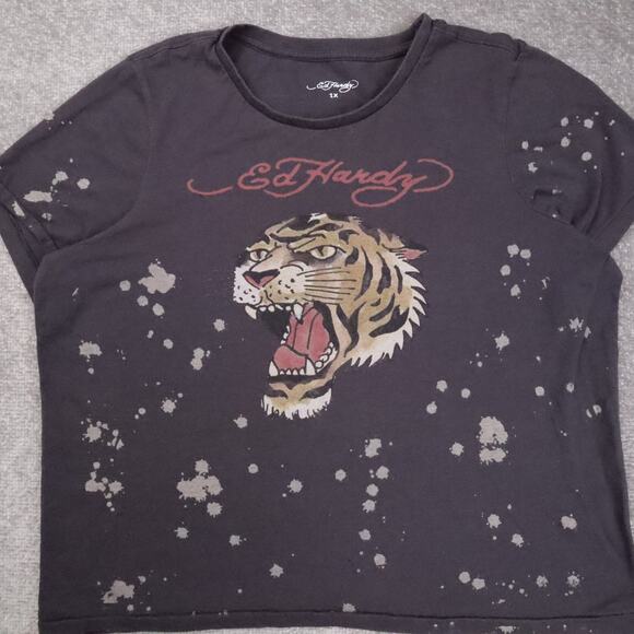 Vintage Ed Hardy Tiger Black Bleach Splash XL Short Sleeve Single Stitch T-Shirt - Picture 7 of 10